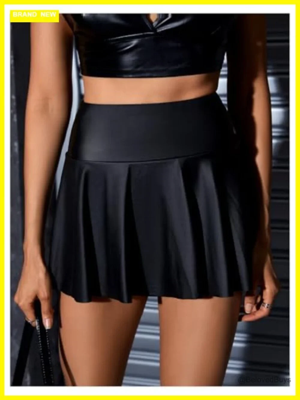 Women's Faux Leather Skort A-Line Ruffle Hem High Waist Elastic Pull-On